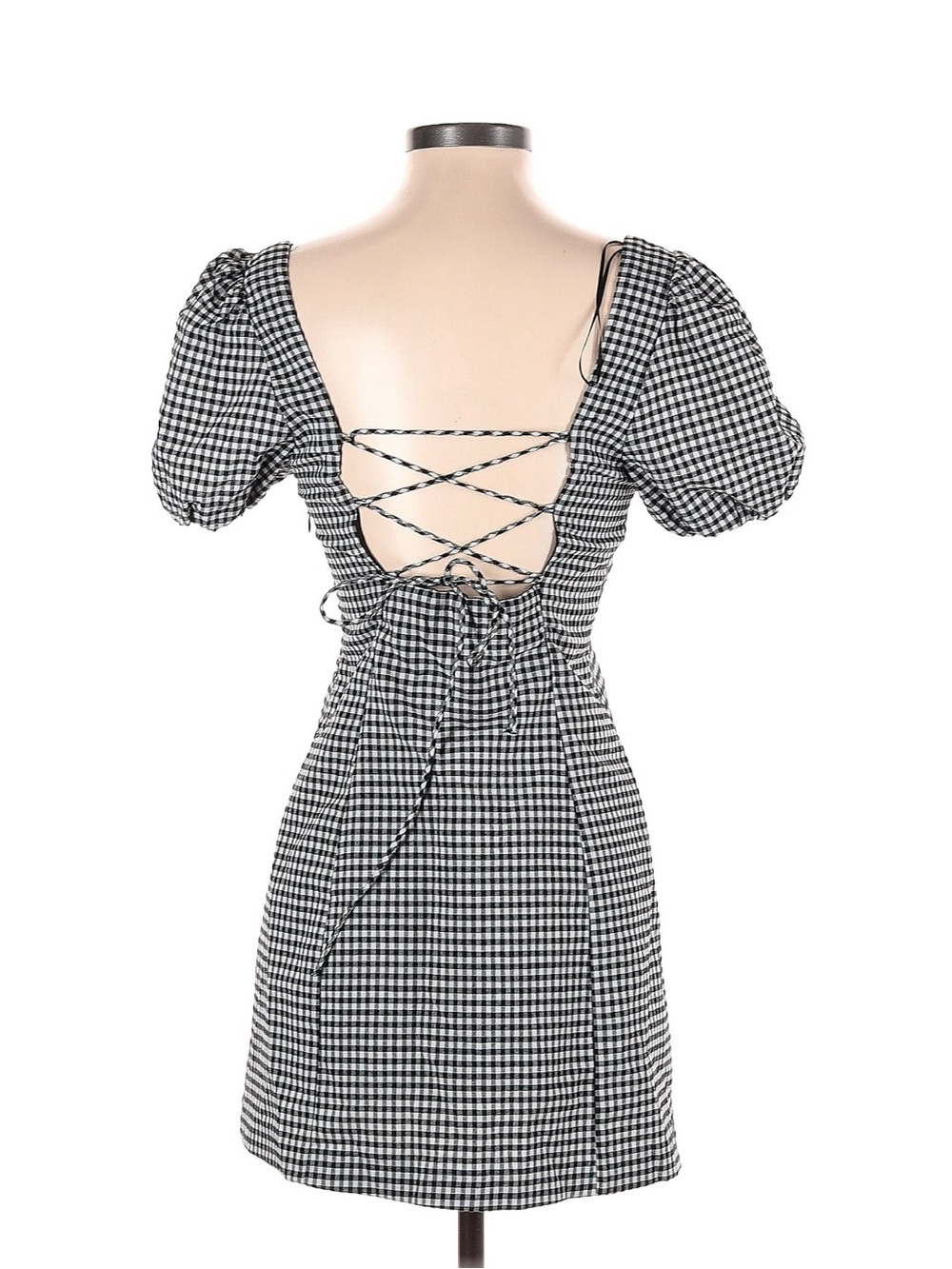 Zara Black & White Gingham Puff Sleeve Lace-Up Mini Dress - Picture 2 of 4